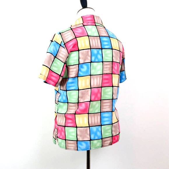 Vintage Checkered Size M 90's Button Up Shirt Bright Pastels Novelty - Picture 3 of 9